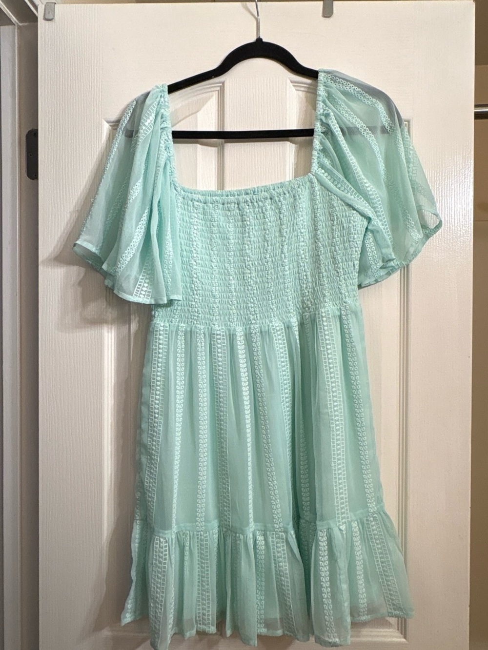 NSR Mint Green Square-Neck Smocked Tiered Dress